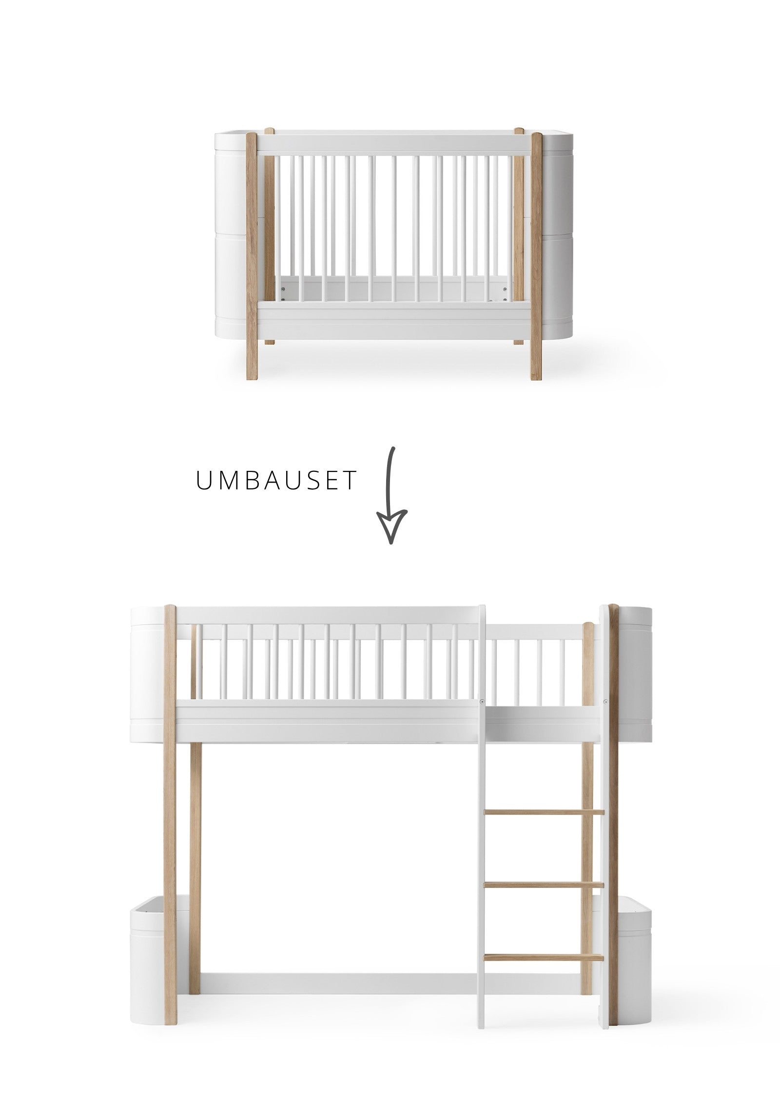 Oliver Furniture Umbauset für 'Wood Mini+' Babybett inkl. Junior-Erweiterung zum halbhohen Hochbett Weiß / Eiche