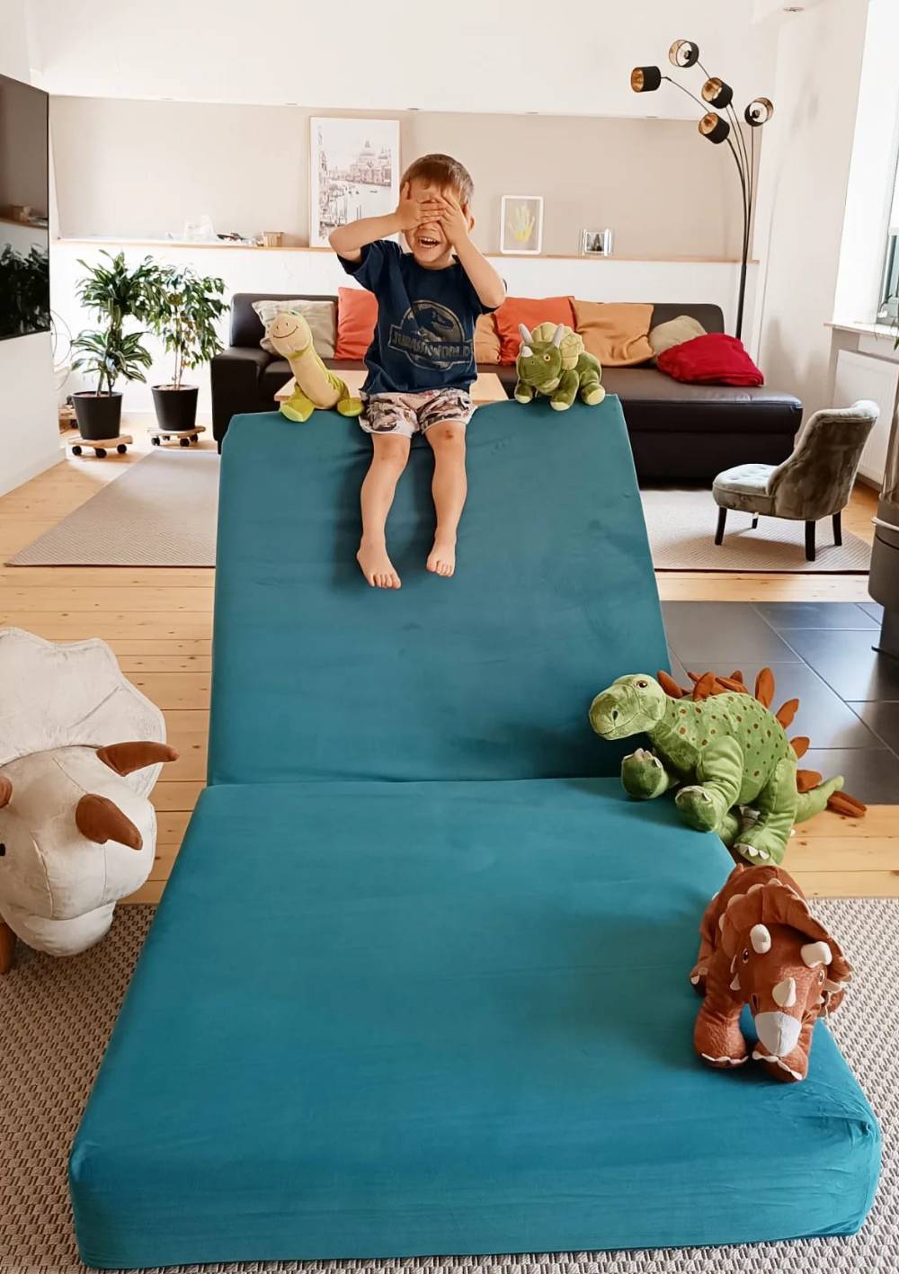 Funzy Spielsofa Velours Dino Türkis