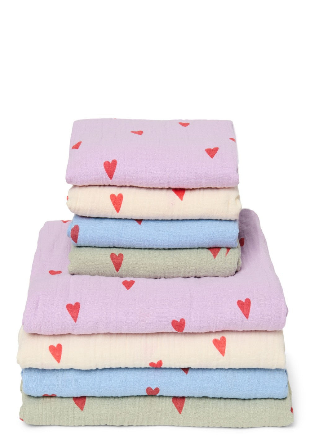 Studio Noos Musselin Mulltücher mit Herz-Prints in versch. Farben & Größen gestapelt