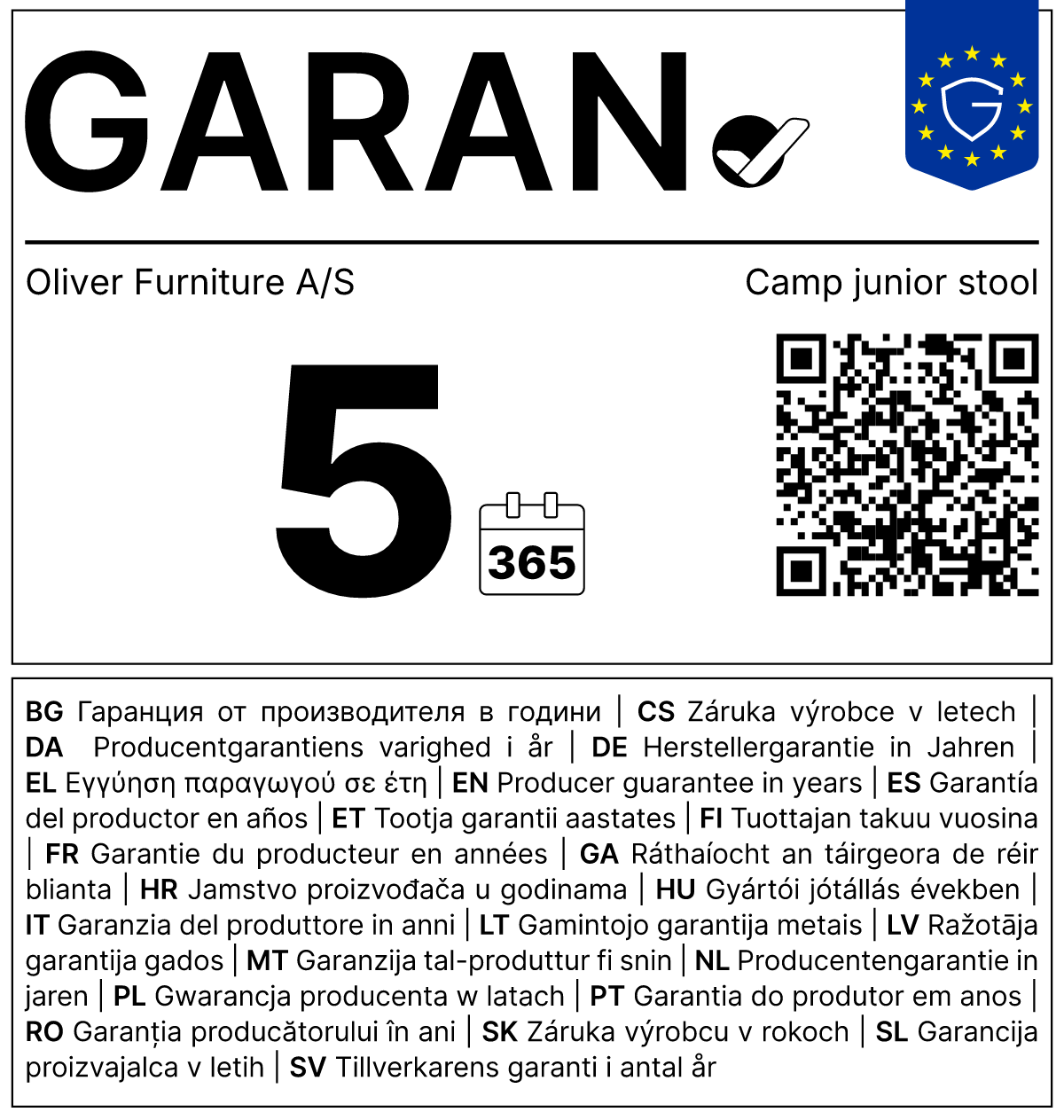 Vollständiges GARAN-Label, 5 Jahre Garantie auf Hocker 'Camp' Eiche
