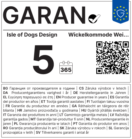 Vollständiges GARAN-Label, 5 Jahre Garantie auf (Wickel-)Kommode weiß