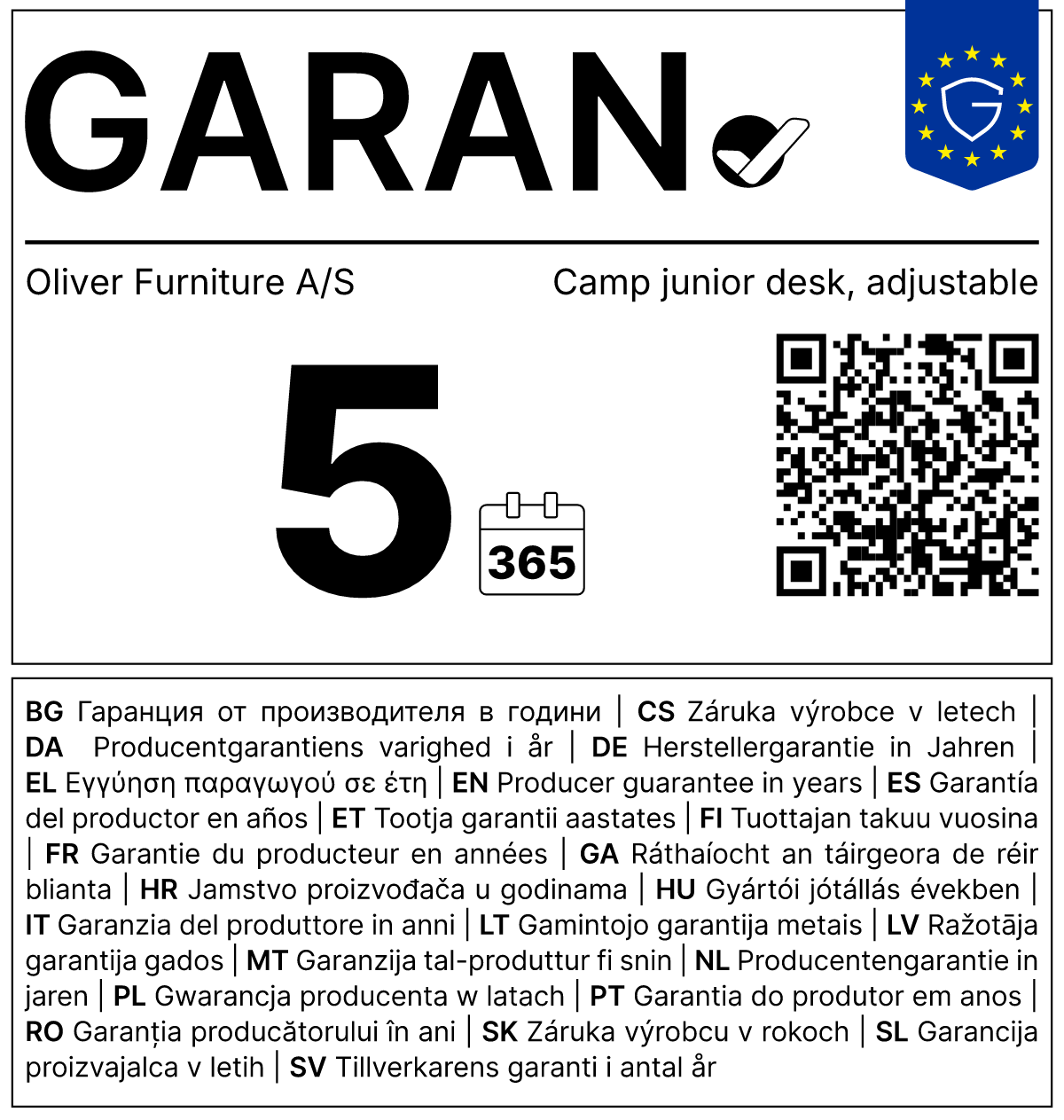 Vollständiges GARAN-Label, 5 Jahre Garantie auf Junior Schreibtisch 'Camp' höhenverstellbar Weiß/Eiche