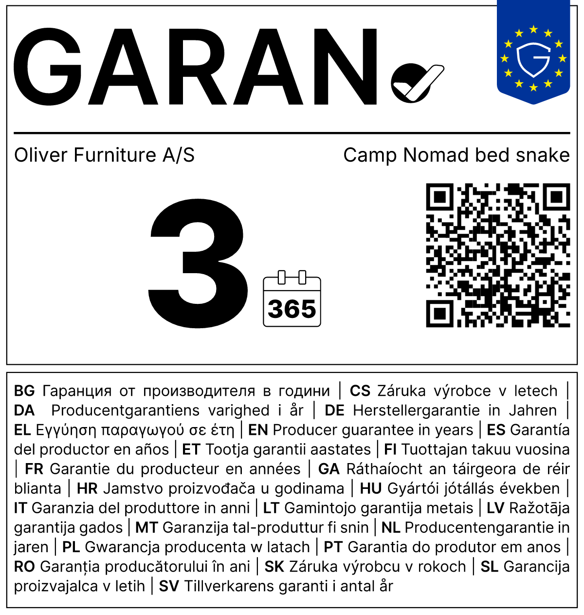 Vollständiges GARAN-Label, 3 Jahre Garantie auf Bettschlange 'Camp Nomad'