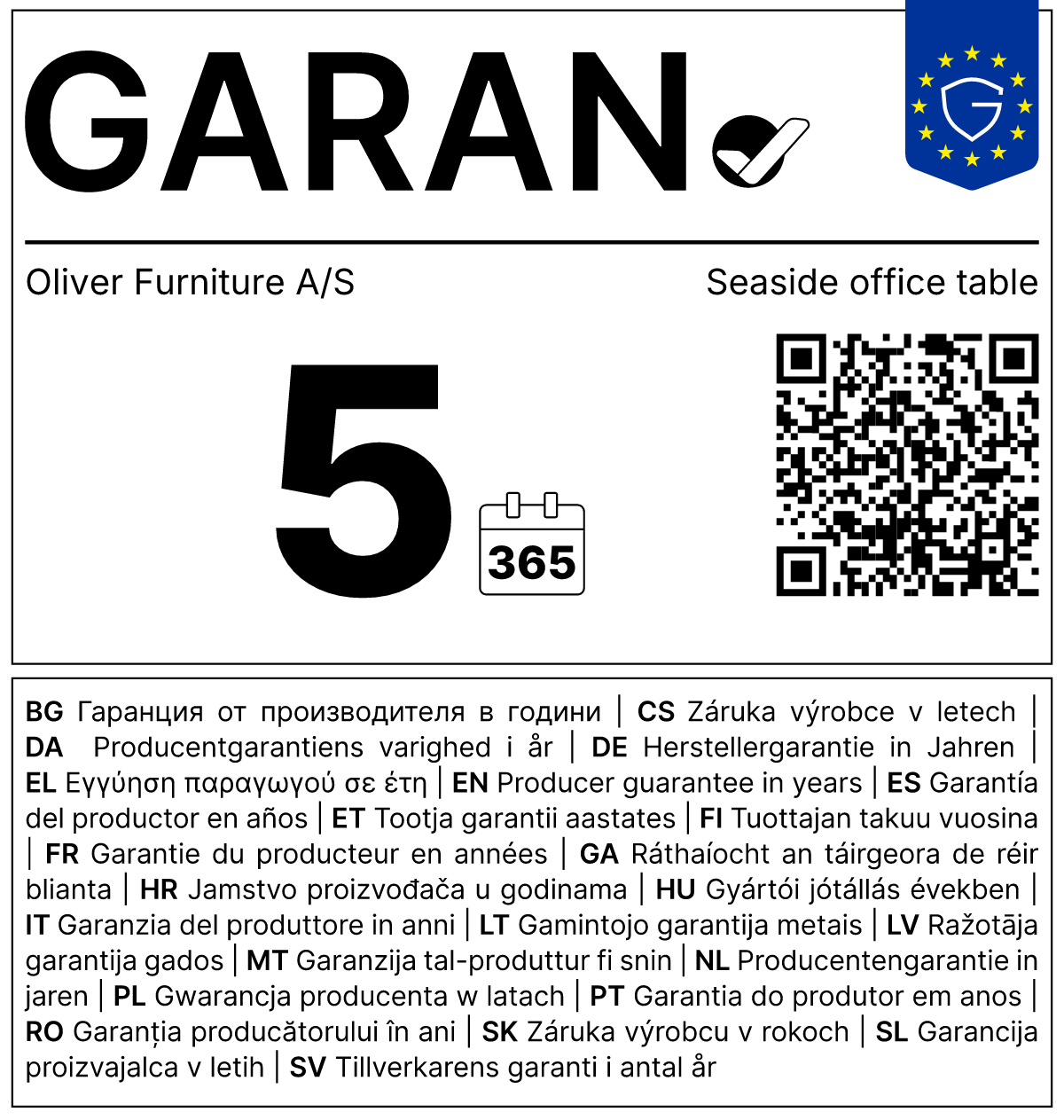 Vollständiges GARAN-Label, 5 Jahre Garantie auf Schreibtisch 'Seaside' weiß 74 cm